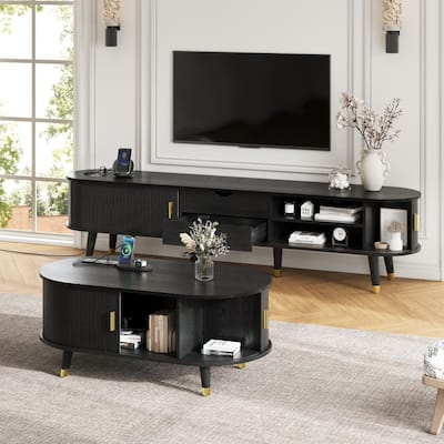 Oval Fluted TV Stand & Coffee Table Set with Charging Station, Media Console with Sliding Doors for TVs up to 80"