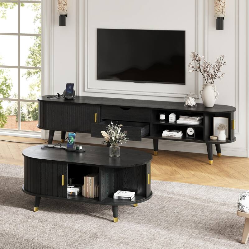Wooden Tv Stand & Coffee Table Set With Charging Station,Sliding Doors For Tvs Up To 80",Table With Solid Wood Legs - Black