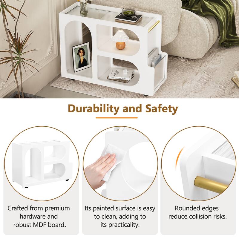 End Table with Storage, Side Table with Lockable Wheels/Golden Round Rod