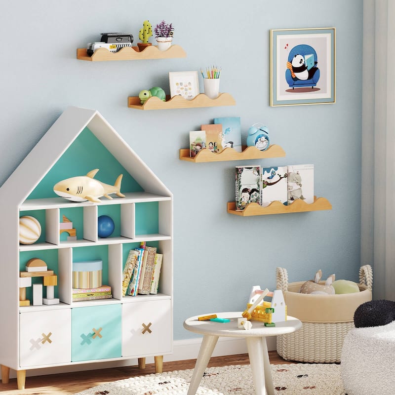 Costway Kids Bookshelf Set of 4 with Fir Wood Structure & Wavy - See Details