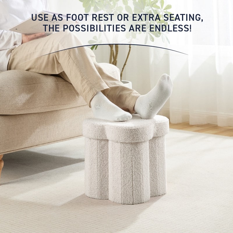 Ornavo Home Boucle Flower 12" Storage Ottoman - Footstool - Perfect for Dorm, Living Room and Bedroom