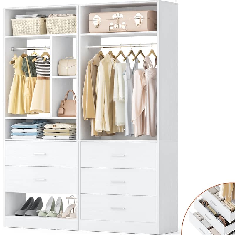 Kyrvo 48''W Set of 2 Freestanding Closet System with 5 Drawers ＆ 2 Hanging Rods,Reversible Wardrobe for Walk-in/Reach-in Closet