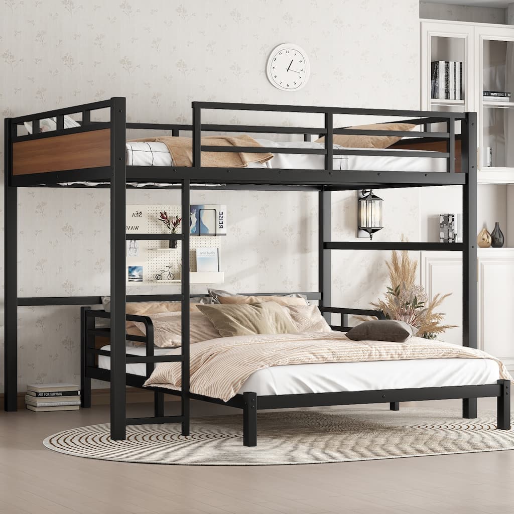 Queen over Queen Metal Bunk Bed with Security Fence, Walnut Color, Space-Saving Design