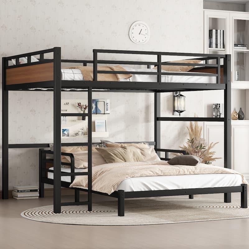 Sturdy Metal Bunk Bed, Queen/Queen & Twin XL/Twin XL with Security Fence