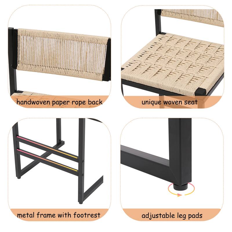 Set of 2 Woven Bar Stools with Backrest Paper Rope Weave Dining Chairs for Kitchen Island (Style B Black & Creamy White)