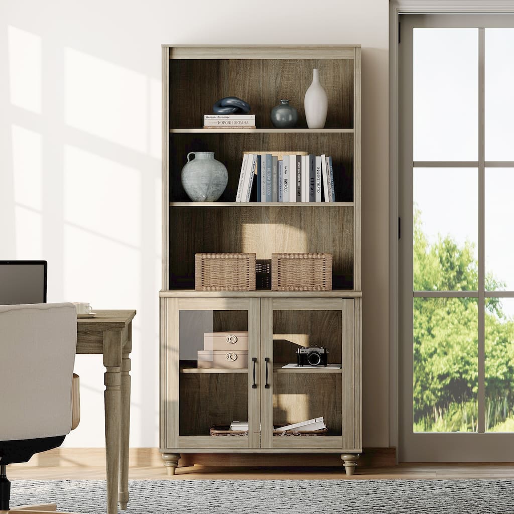 Wash Gray Bookcase with Doors, Large Wood Farmhouse Book Case Shelf - wash grey