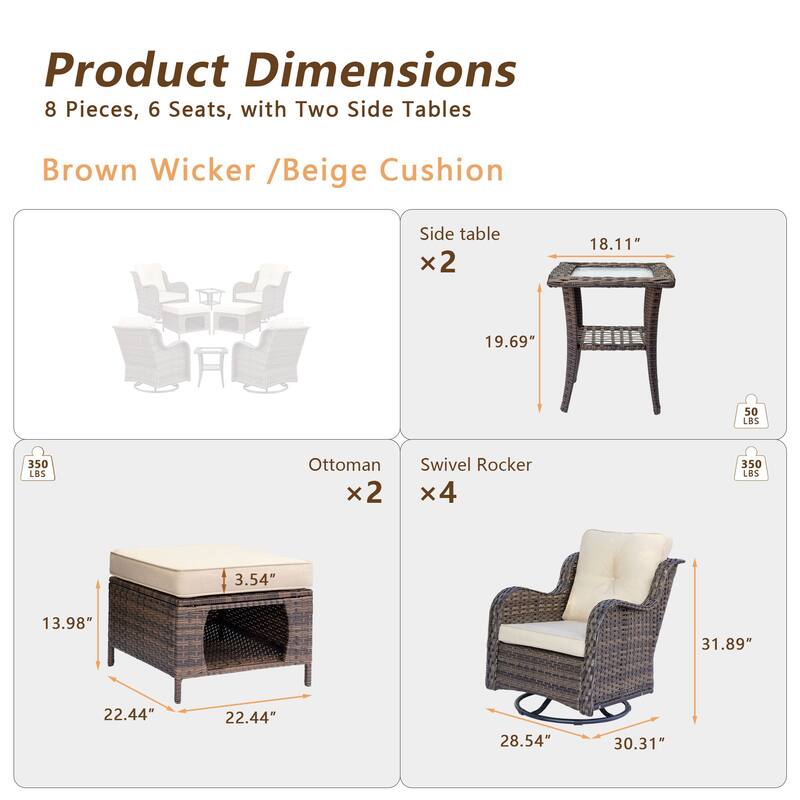 8 Piece Outdoor Wicker Patio Furniture Swivel Chairs and Ottoman Set