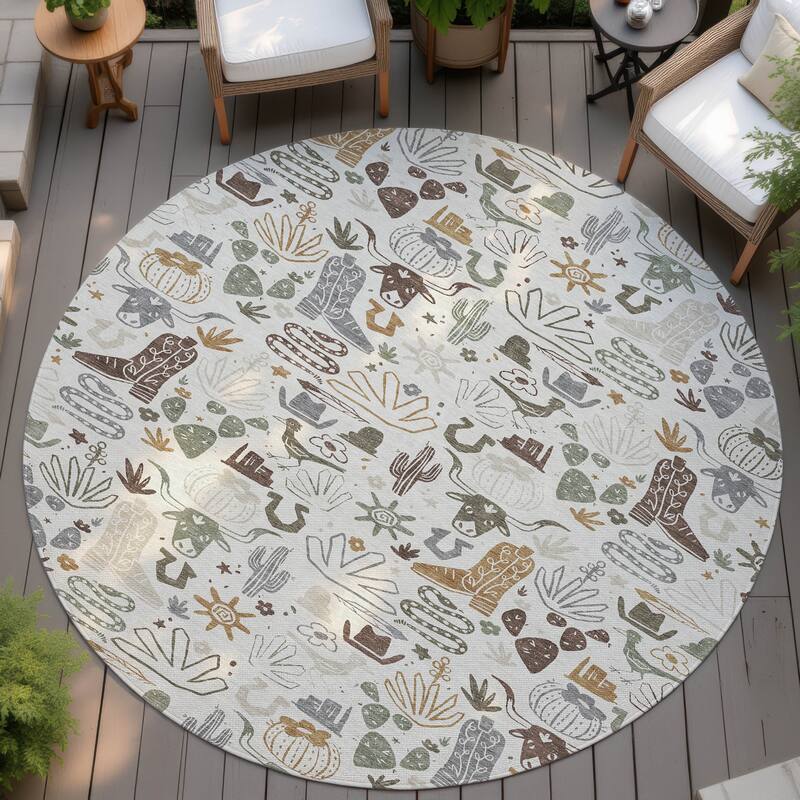 Machine Washable Indoor/ Outdoor Modern Ranch Chantille Rug - Ivory - 8' x 8'