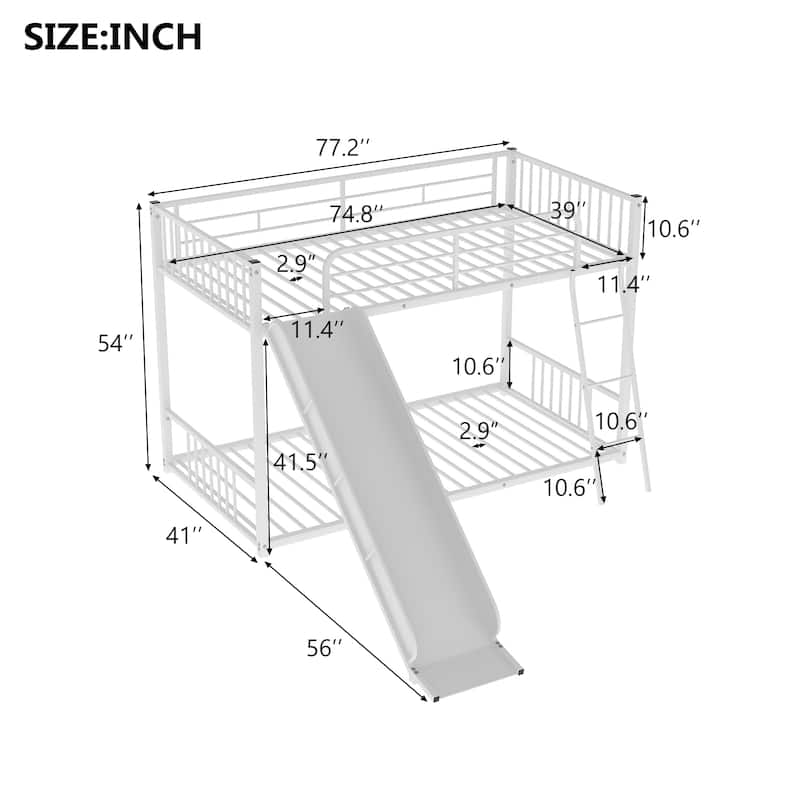 Twin Over Twin Bunk Bed with Slide, Metal Low Bunk Bedframe for Juniors