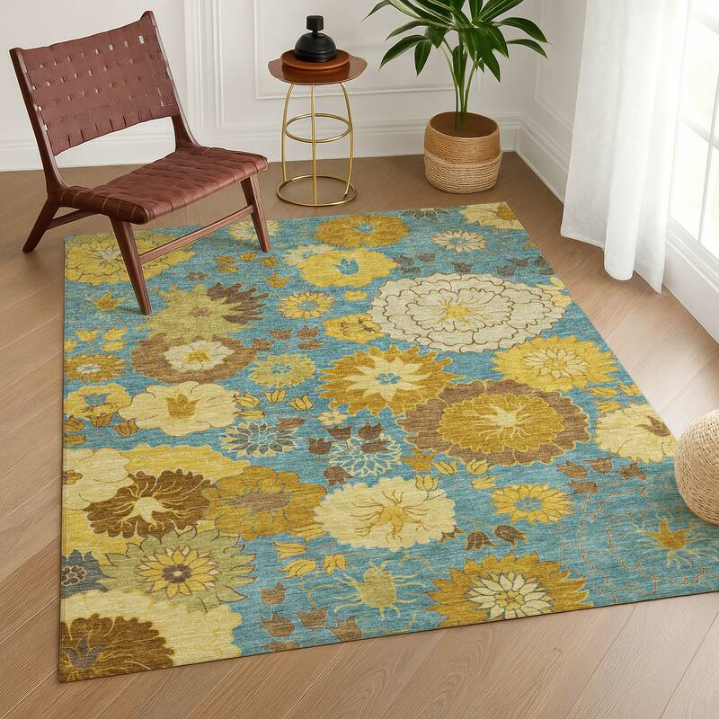 Machine Washable Indoor/ Outdoor Modern Floral Chantille Rug