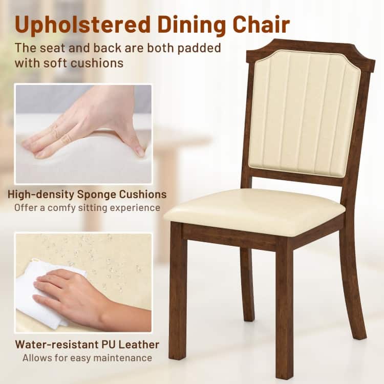 Brown and Beige Rubber Wood Upholstered Dining Chairs Set of 2 with High Backrest, PU Leather - 24” x 19.5” x 38.5”