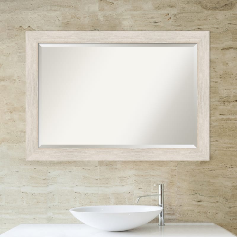 Beveled Wood Bathroom Wall Mirror - Hardwood Whitewash Frame - Hardwood White Wash