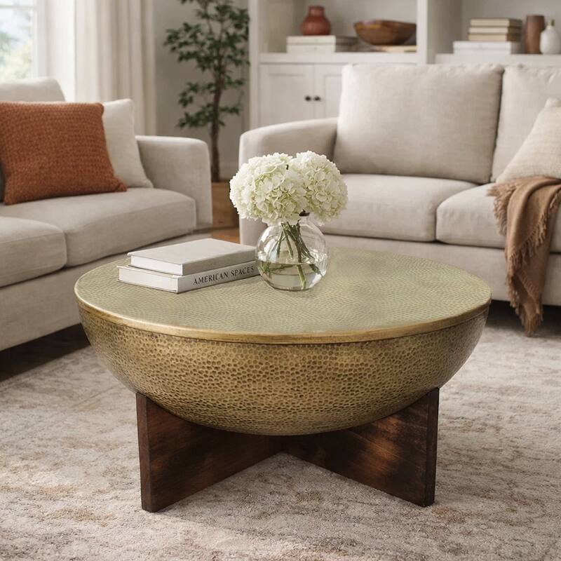Arden Coffee Table, Round Hammered Metal Top, Mango Wood Base, Antique Brass