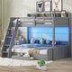 preview thumbnail 1 of 30, Wooden Bunk Bed Twin over Full Bunk Bed with 6 Up and Down Storage Shelves, LED, Charging Station, Stairs and Bottom Drawer Grey - Twin