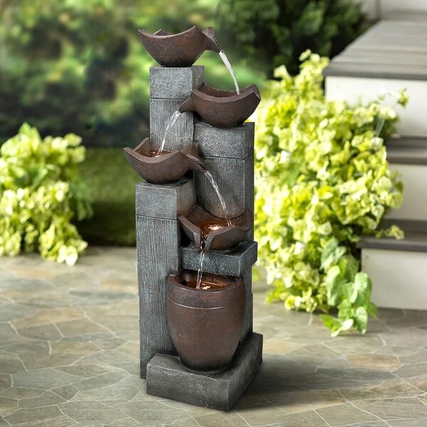 52 In. Tall Outdoor 5-Tier Rainforest Rock Water Fountain With Led Lights Win730