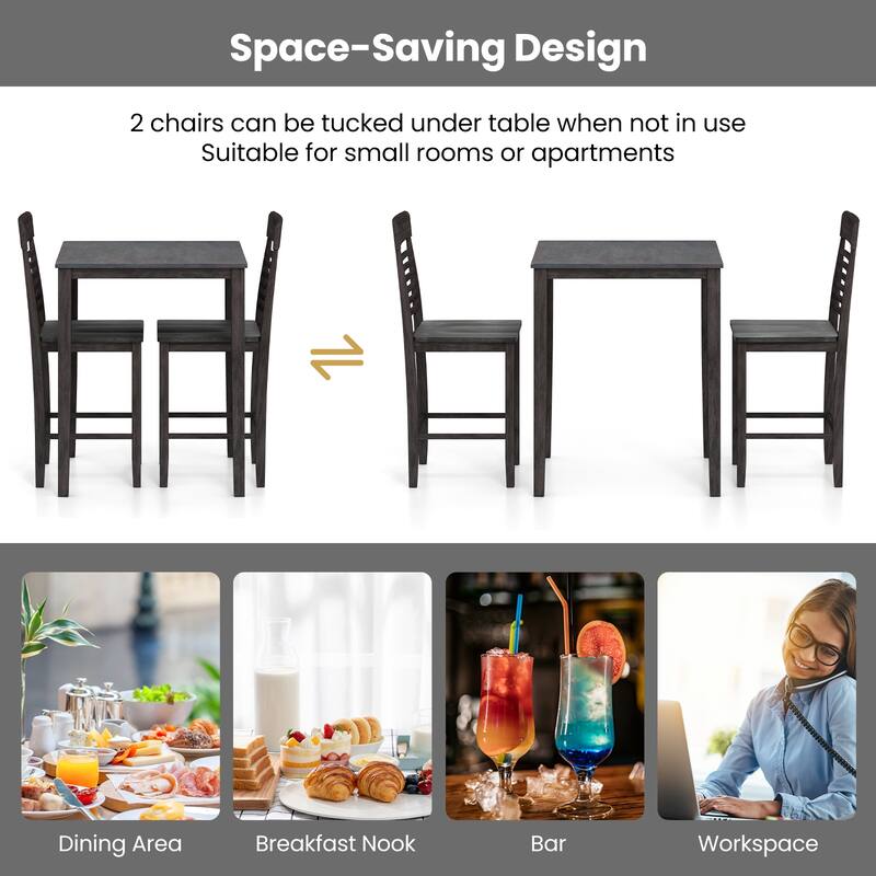 Gymax 3 PCS Counter-Height Dining Table Set for 2 Square Kitchen Table