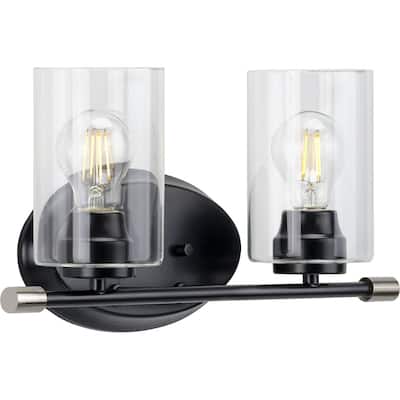 Riley Collection Two-Light Matte Black Clear Glass Modern Bath Vanity Light - 16.125 in x 5.5 in x 8.25 in