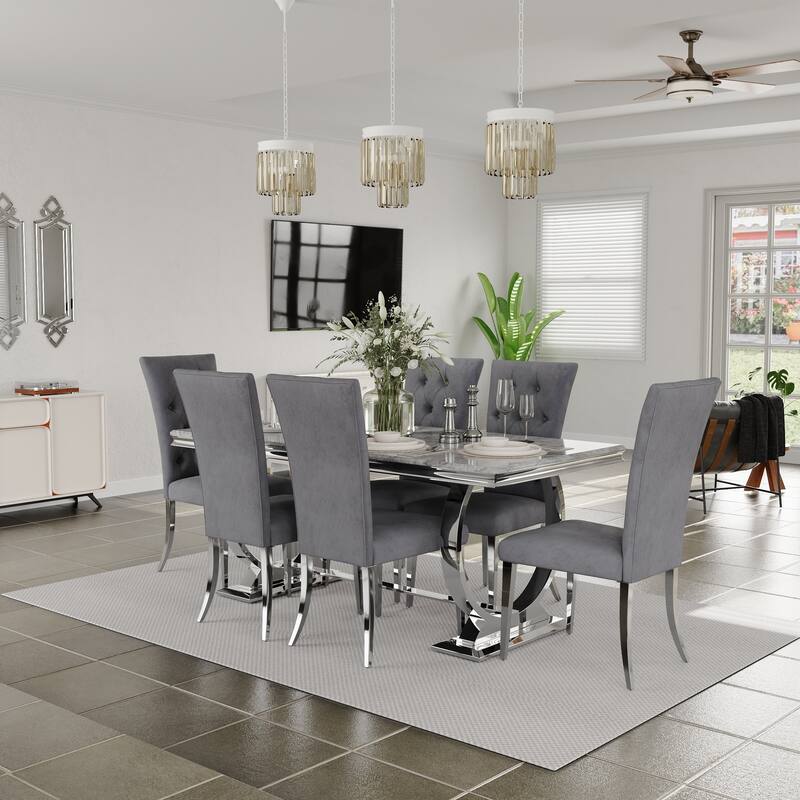 Glam Silver Dining Table Set with 64 inch Dining Table and Black Button Tufted Velvet Dining Chairs