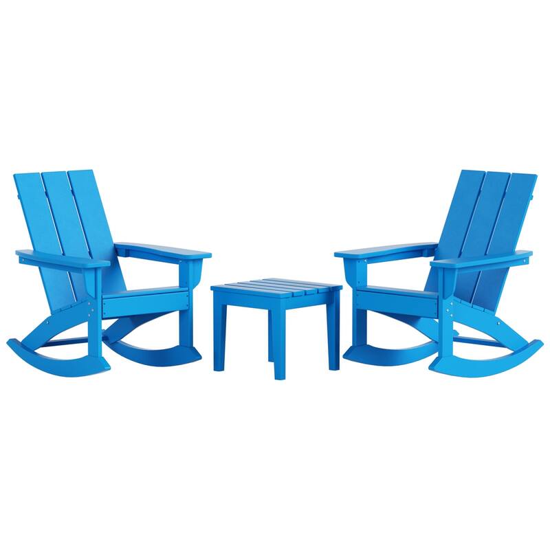 Shoreside Modern Eco-Friendly All Weather Poly Adirondack Rocking Chairs with Side Table (3-Piece Set)