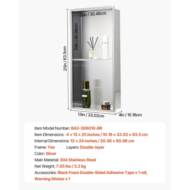 Silver Stainless Steel Double-Layer Shower Niche with Waterproof Seamless Design - 4 x 13 x 25 inches