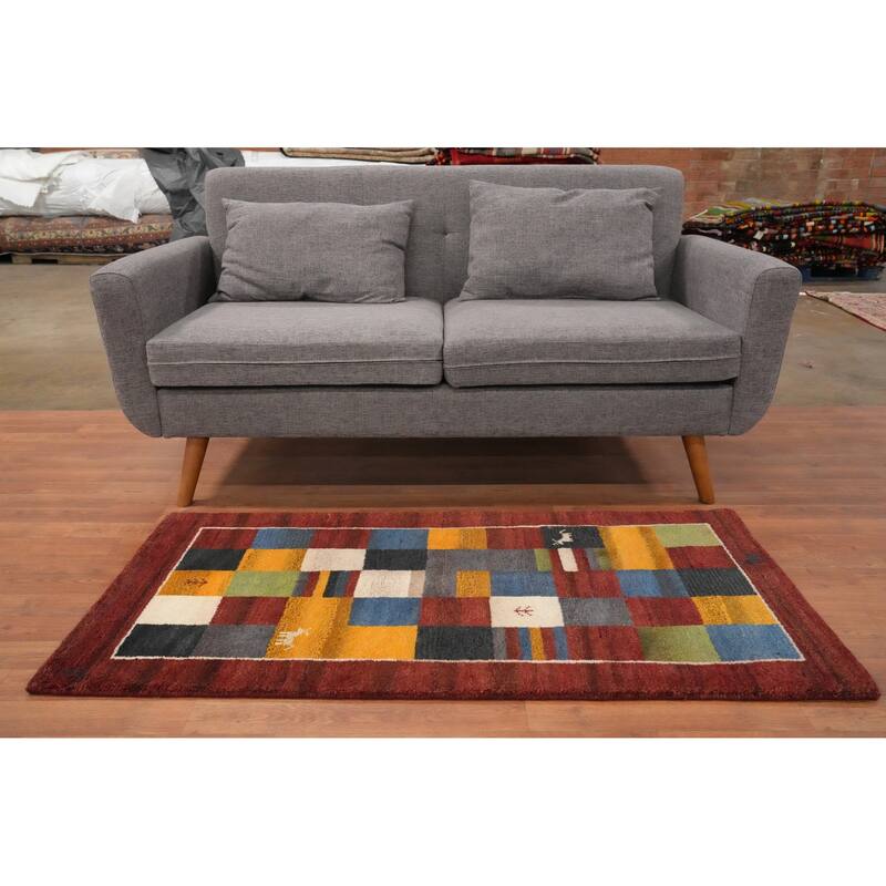 Hand Knotted Oriental 100% Wool Carpet Modern Checkered Multi-Colored Gabbeh Runner Rug - 4' 8'' X 2' 4''