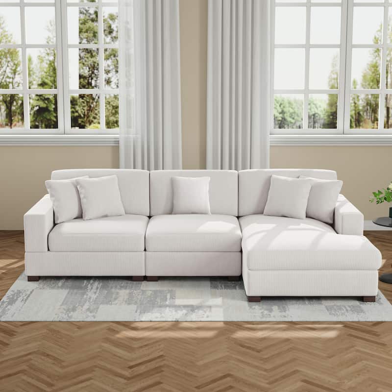 Modern L-Shaped Corduroy Modular Sectional Couch Sofa with Pillows - Beige/White - Right Facing