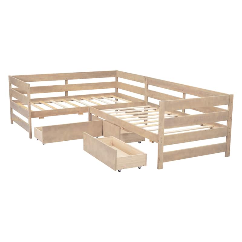 Twin Size L-Shaped Platform Bed With Three Storage Drawers