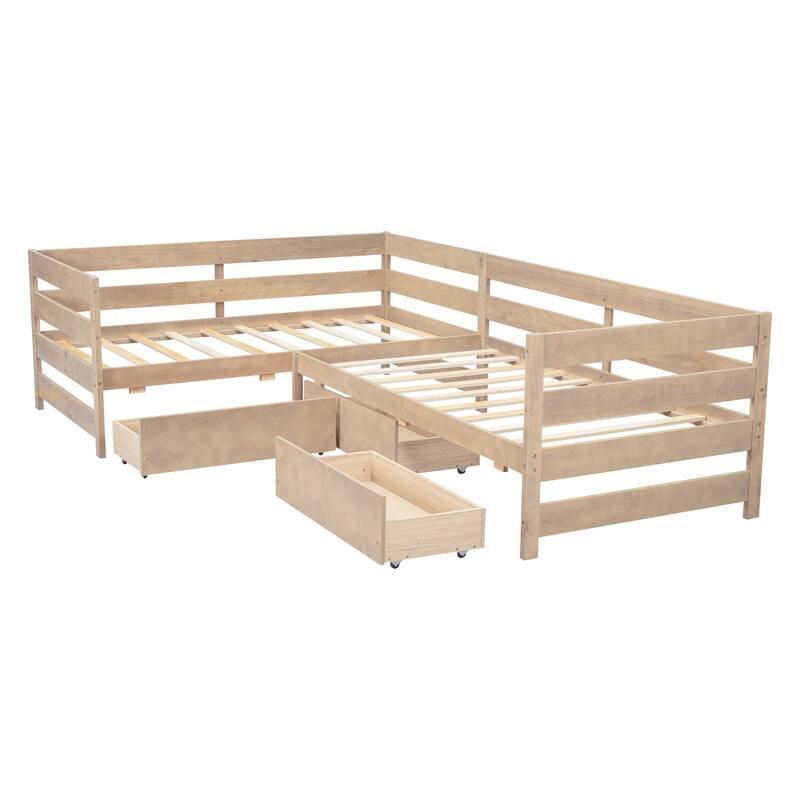 Twin Size L-shaped Platform Bed with Three Storage Drawers, Natural
