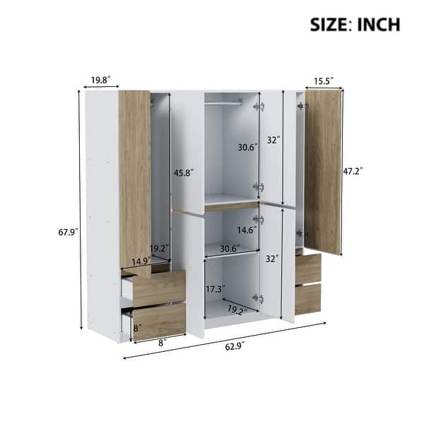 dimension image slide 1 of 2, Freestanding Wardrobe Closet Cabinet with Hanging Rods & 4 Drawers, 6-Doors Wooden Clothes Storage Cabinet Bedroom Armoire