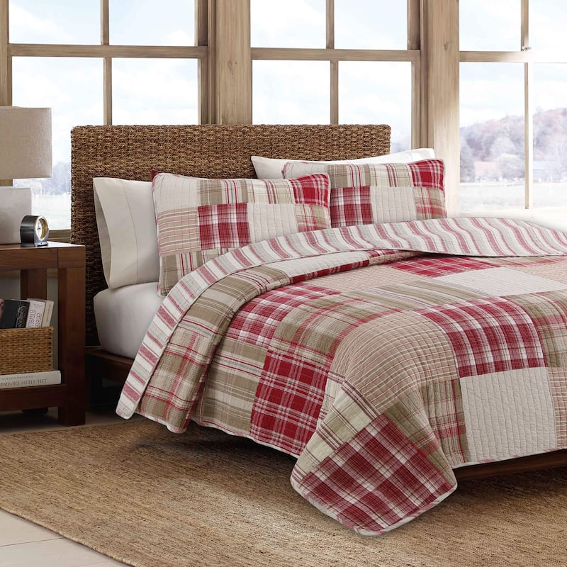 Cozy Line Alivia Red Plaid Real Patchwork Cotton Reversible Quilt Bedding Set