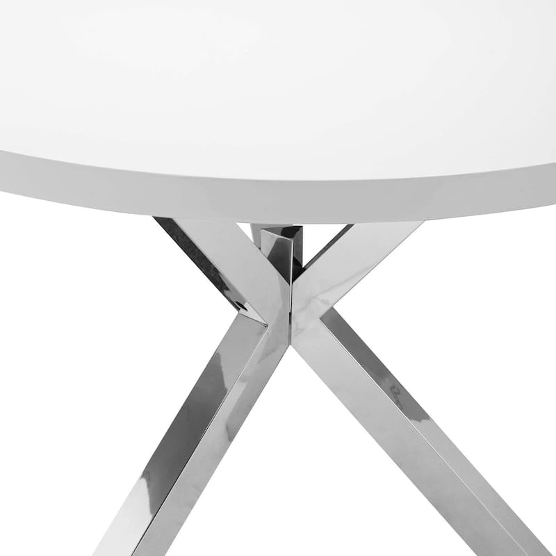 Emi 47 Inch Round Dining Table, X- Cross Brushed Steel, White Wood