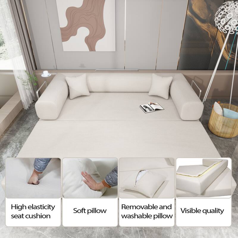 Beige Corduroy and Foam Double Sofa Bed with High - Elasticity Sponge and Soft Pillows