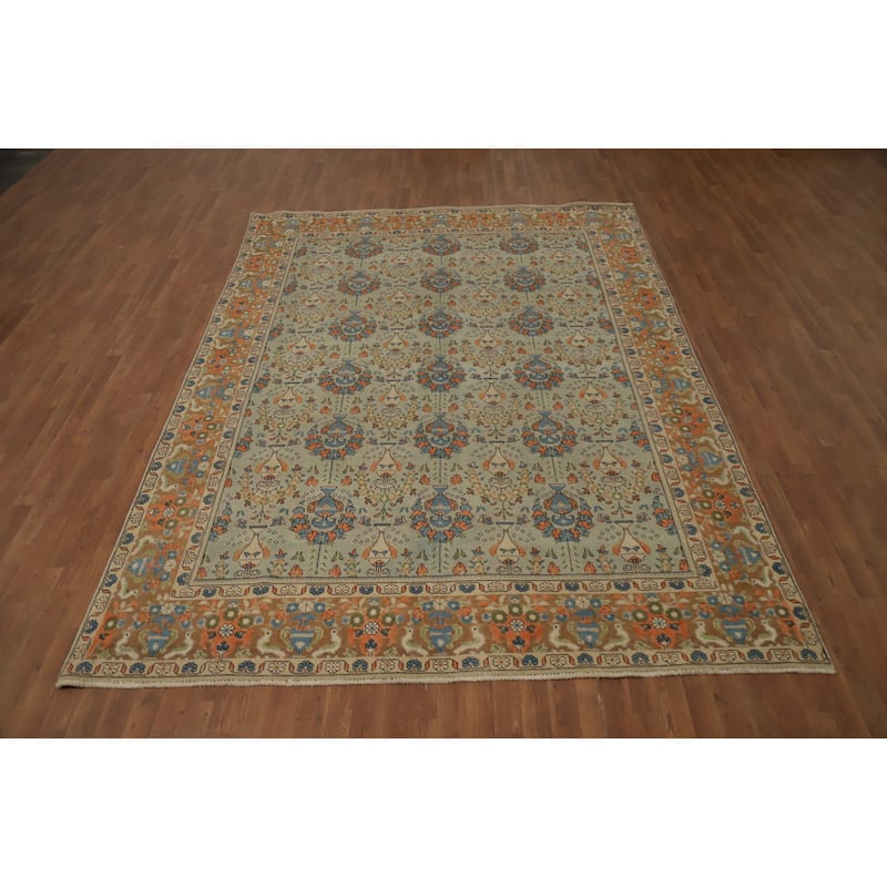 Hand Knotted Oriental 100% Wool Carpet Traditional Floral Green Tabriz Area Rug - 11' 0'' X 8' 1''