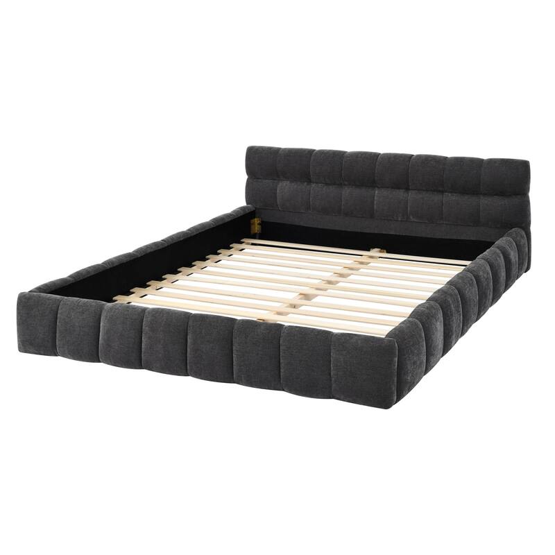 Chenille Fabric Grounded Queen Size Platform Bed with Headboard and Solid Frame