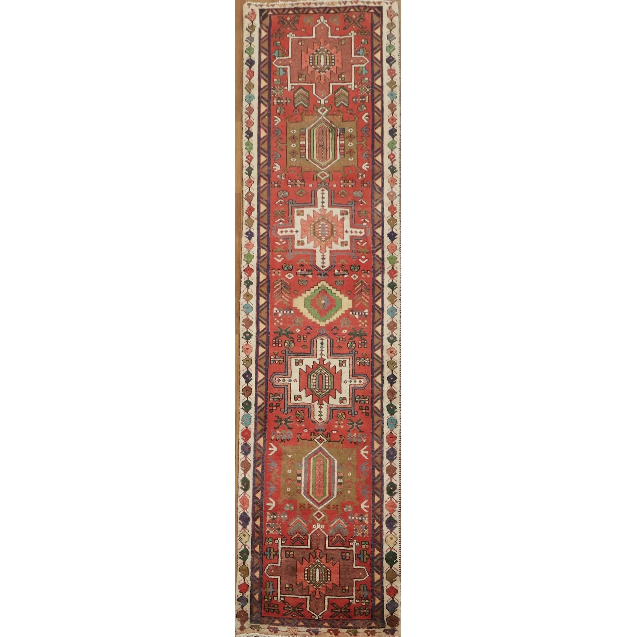 Hand Knotted Oriental 100% Wool Carpet Traditional Tribal Red Gharajeh Runner Rug - 9' 4'' X 2' 5''