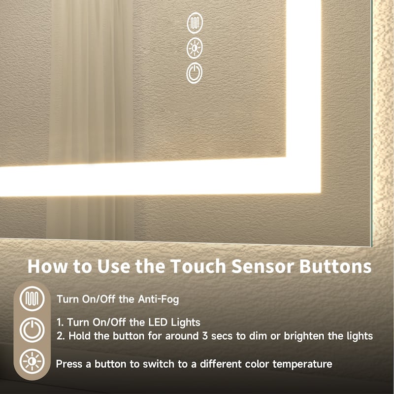 Silver Frameless LED Bathroom Mirror with Tempered Glass and Anti-Fog - 24" W x 36" H