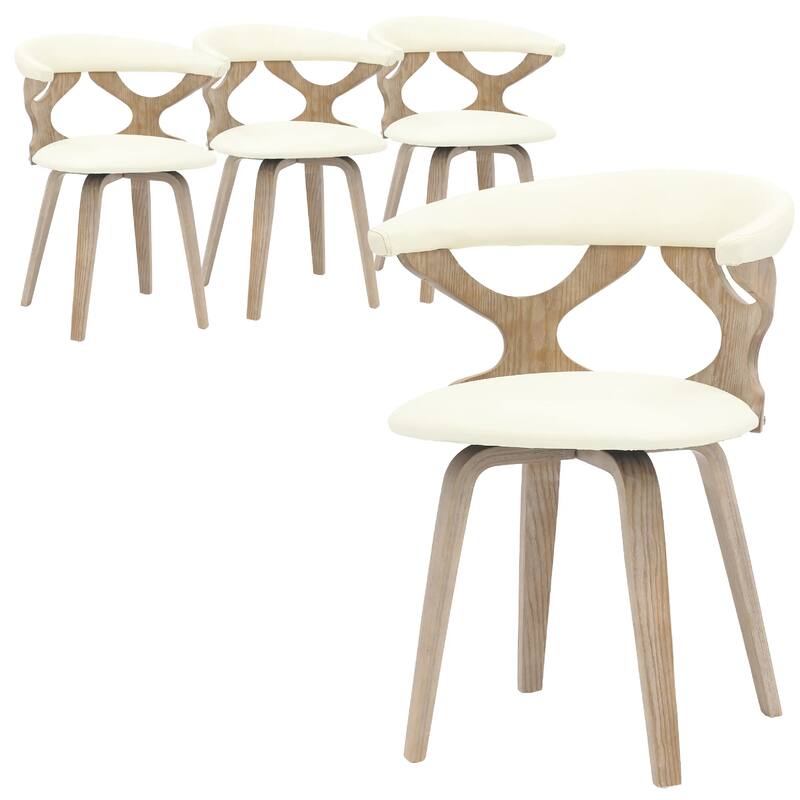 Klyne Leather Dining Chair with Poplar Wood Frame - Mid-Century Wooden Accent Chair with Swivel Base Set of 4 - Washed Walnut/White