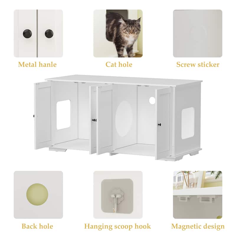 47.2"W Cat Litter Box Enclosure Dual-Door Hidden Furniture Black/White