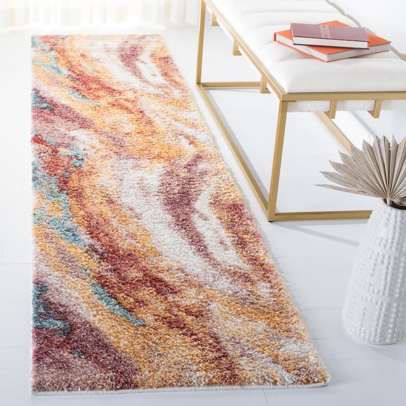 SAFAVIEH Calista Shag Bombonica Abstract 1-inch Thick Rug - 2'3" x 9' Runner - Gold/Aqua
