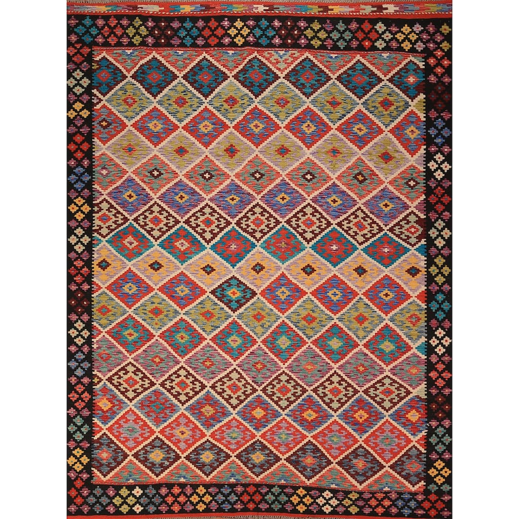 Reversible Kilim Oriental Area Rug Hand-Woven Wool Carpet - 8'0" x 9'10"