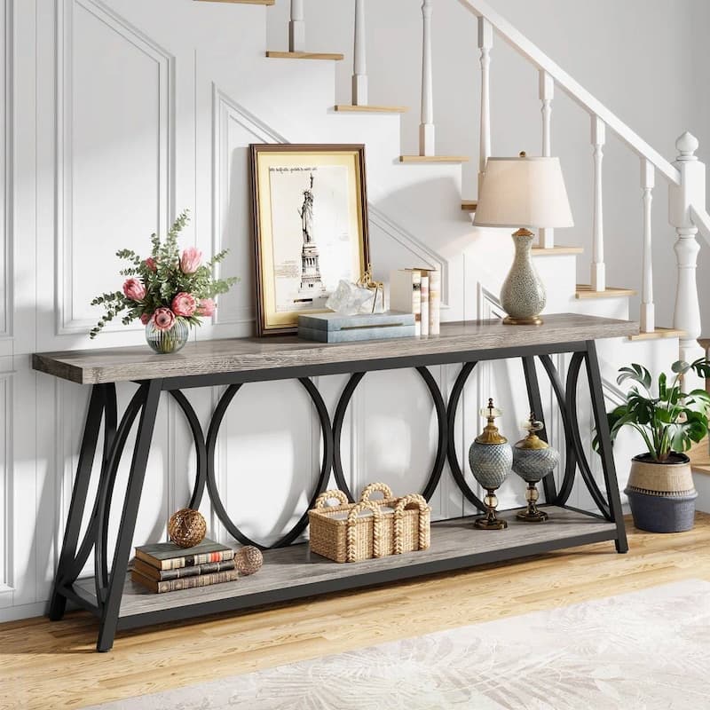 Wood Top Particleboard Steel Console Table with Shelf - 70.87” L x 31.50” H x 11.81” D