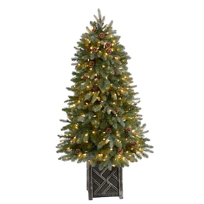 5ft. Flocked Dusted Fir Artificial Christmas Tree with 300 LED Lights, 514 Branches & Pinecones - Holiday Planter X-Mas Glow