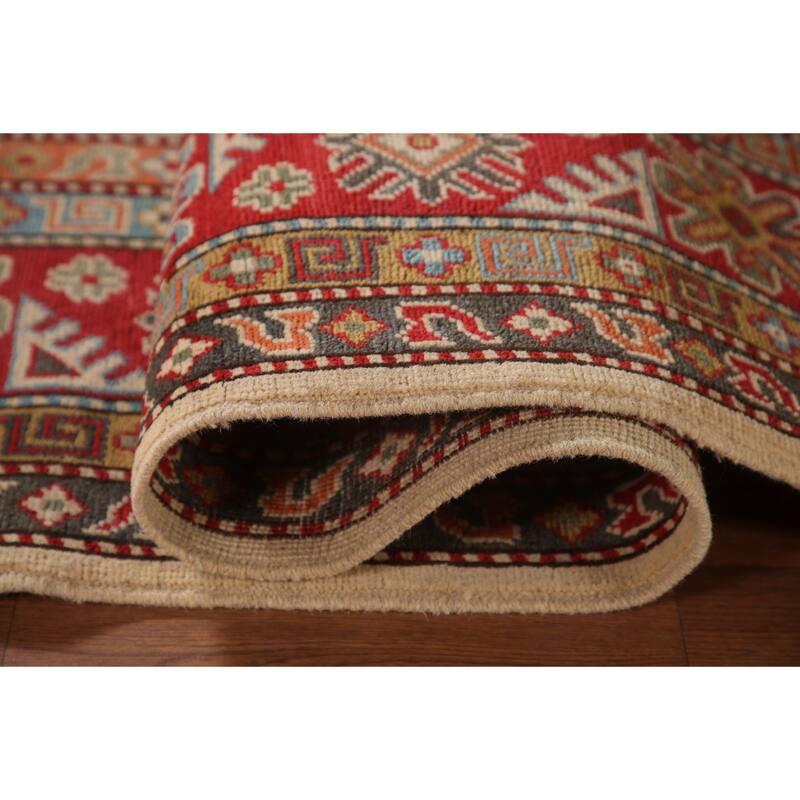 Geometric Kazak Oriental Area Rug Handmade Yellow Wool Carpet - 6'10" x 10'7"