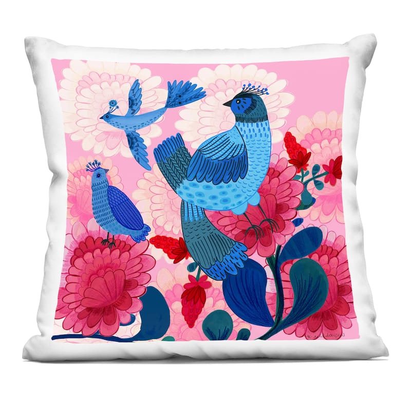 Stupell Folk Birds on Dahlias Decorative Printed Throw Pillow Design by Kay Widdowson - Accent - Polyester - Blue - Single