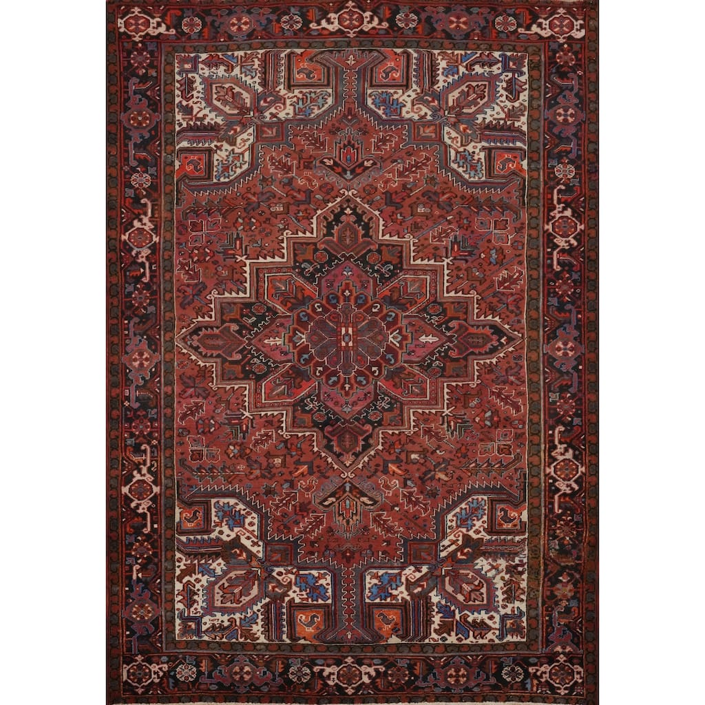 Hand Knotted Oriental 100% Wool Carpet Traditional Medallion Oranges & Rust Heriz Area Rug - 9' 4'' X 7' 2''