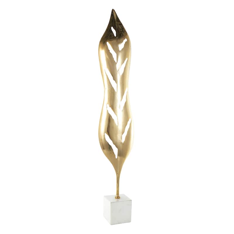 Gold Aluminum Metal Tall Textured Cutout Leaf Sculpture with White Marble Base