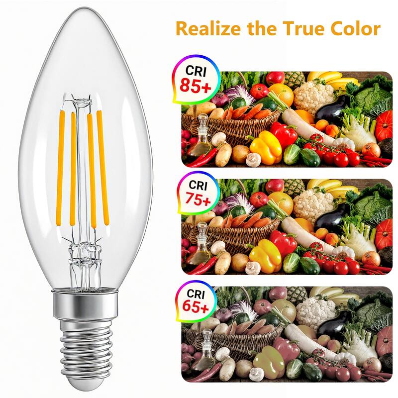 6-Pack E12 LED Candelabra Bulbs, 4W 2700K Warm White, 40W Equivalent, Clear Glass Filament Light Bulbs for Chandeliers - WHITE
