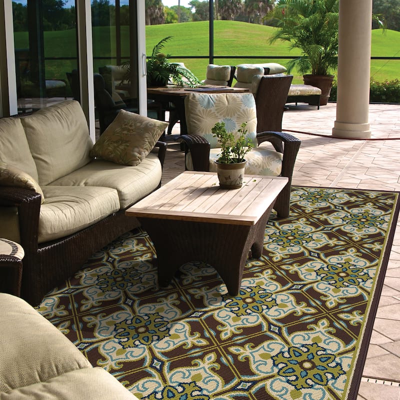Vista Home Catalina Inspired Floral Indoor-Outdoor Area Rug-- - 3'7" x 5'6" - Brown/Cream