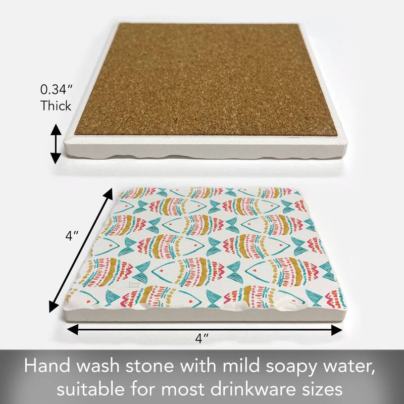 Tropical Fish 4 Pack Absorbent Stone Coasters with Cork Backing 4" Square Made in The USA Absorbent Wipes Clean