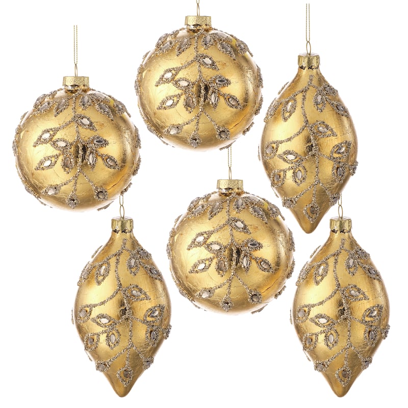 4-6" Glass Jeweled Finial and Ball Ornament Set of 6